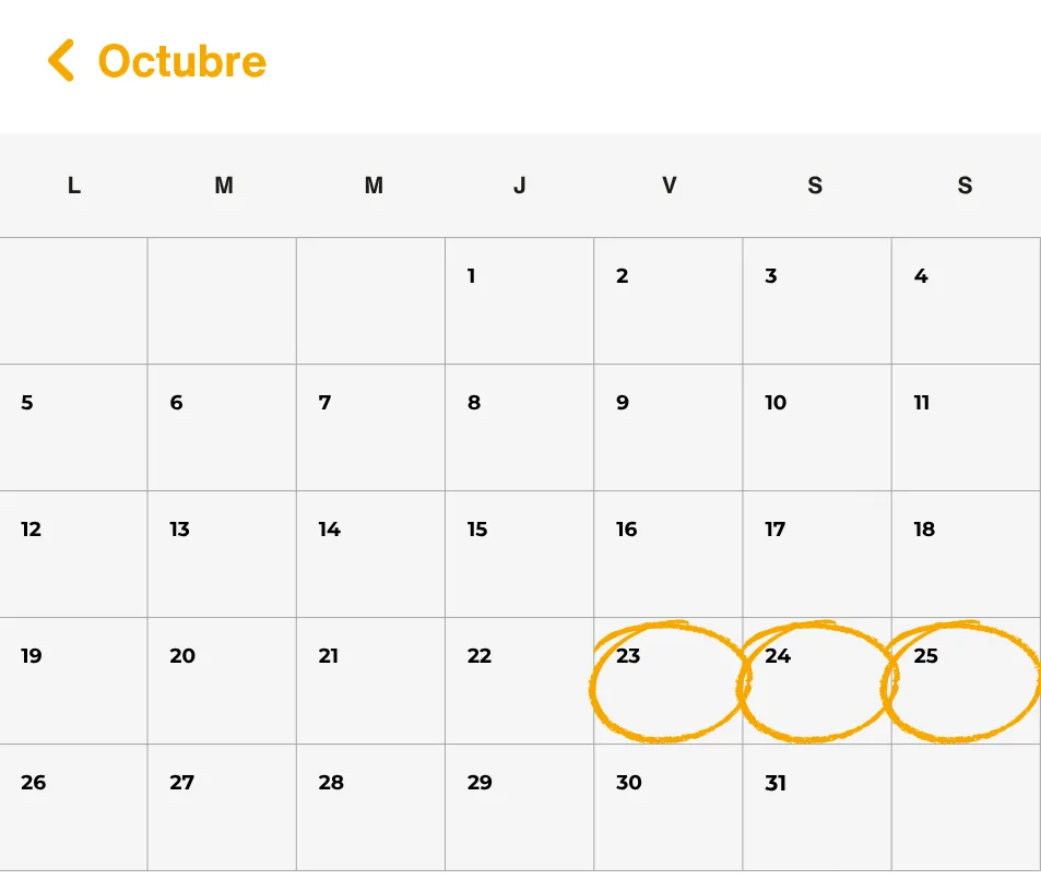 Calendario de octubre con los días 23, 24 y 25 marcados