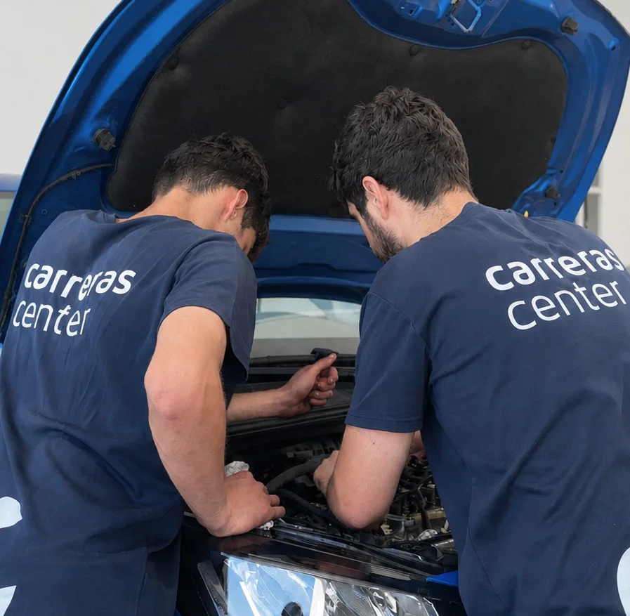 Dos mecánicos de Carreras Center revisando el motor de un coche